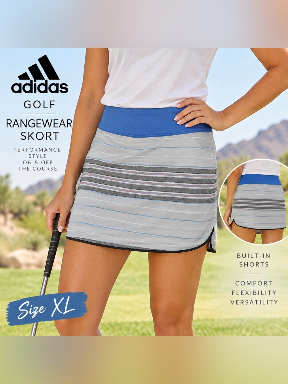 Adidas Golf Rangewear Striped Skort Grey Blue Women’s XL Athletic Golf Tennis